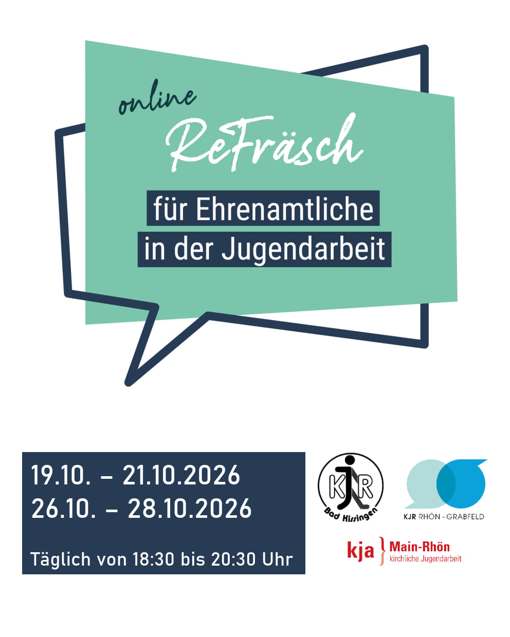 Es ist ein türkiser Flyer mit Informationen zur Jugendleiterschulung ReFräsch abgebildet.