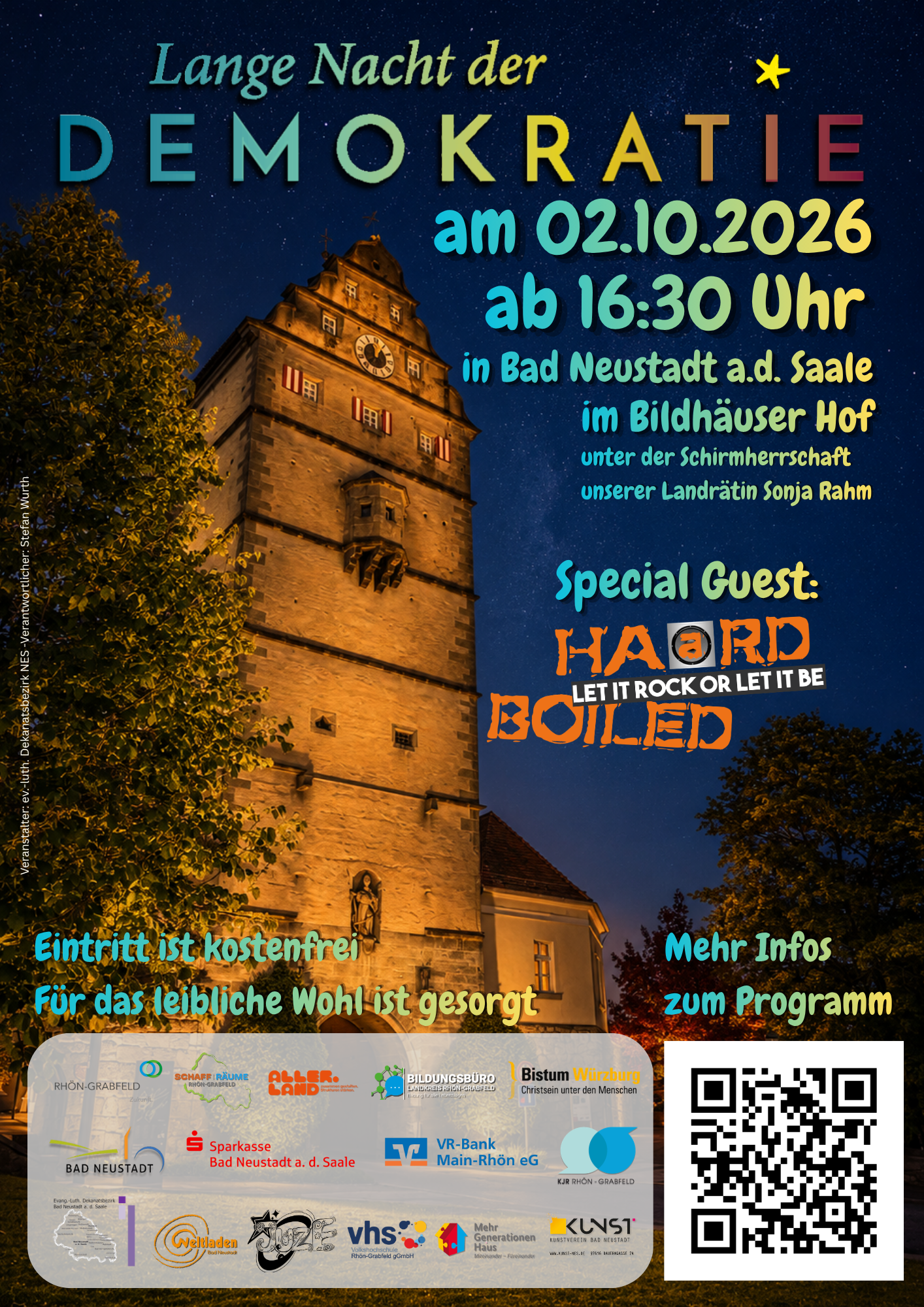 Es ist ein Flyer zur Langen Nacht der Demokratie abgebildet. Dieser zeigt das Hohntor bei Nacht
